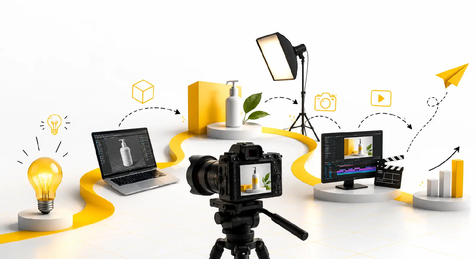 3D illustration of Cheeze Studio's creative process, from concept to video ad production and content growth